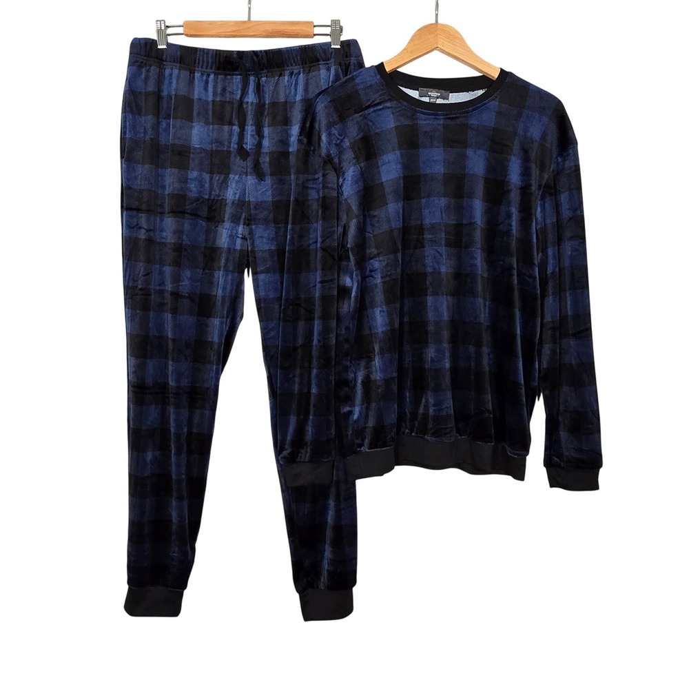 Mountain Ridge Men's Blue Buffalo Soft Velour Plaid Fleece Pajama Set M